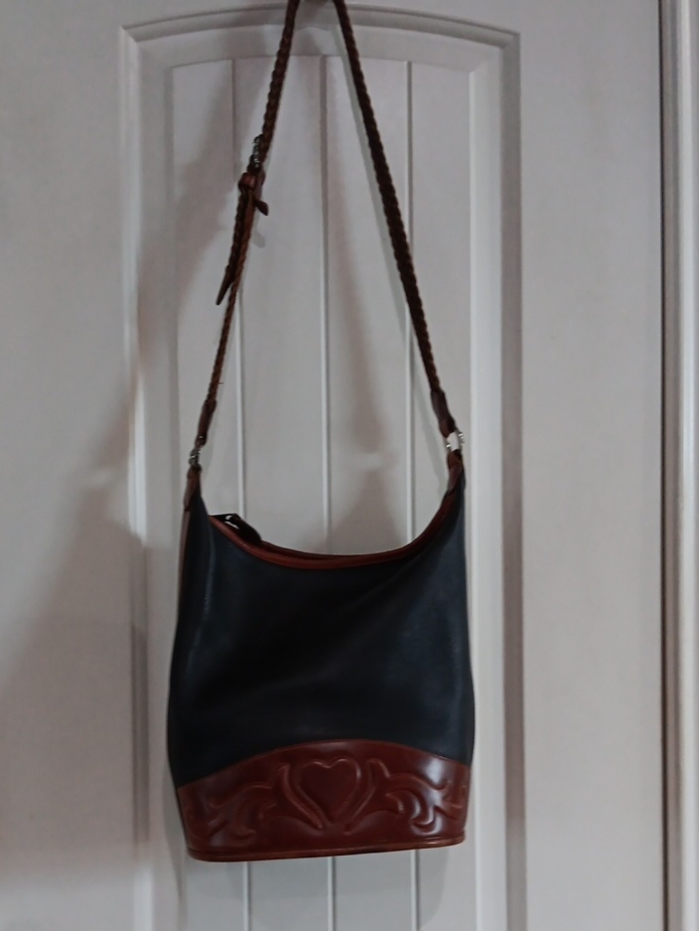 Vintage Brighton Out West Leather Bucket Bag Black Brown Tooled Heart